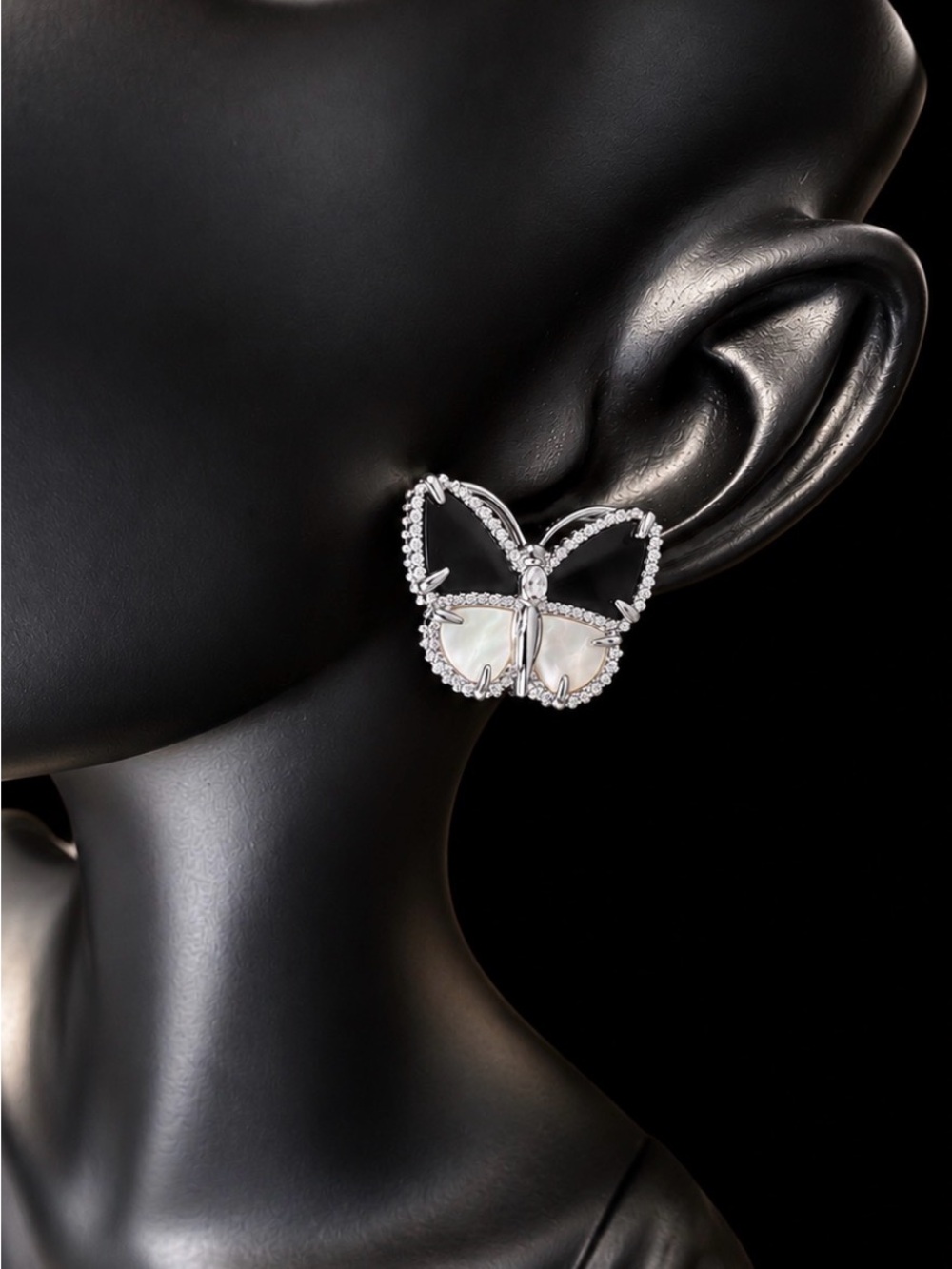 Silver Butterfly Mother-of-Pearl Statement Earrings - Elegant Women's Jewelry